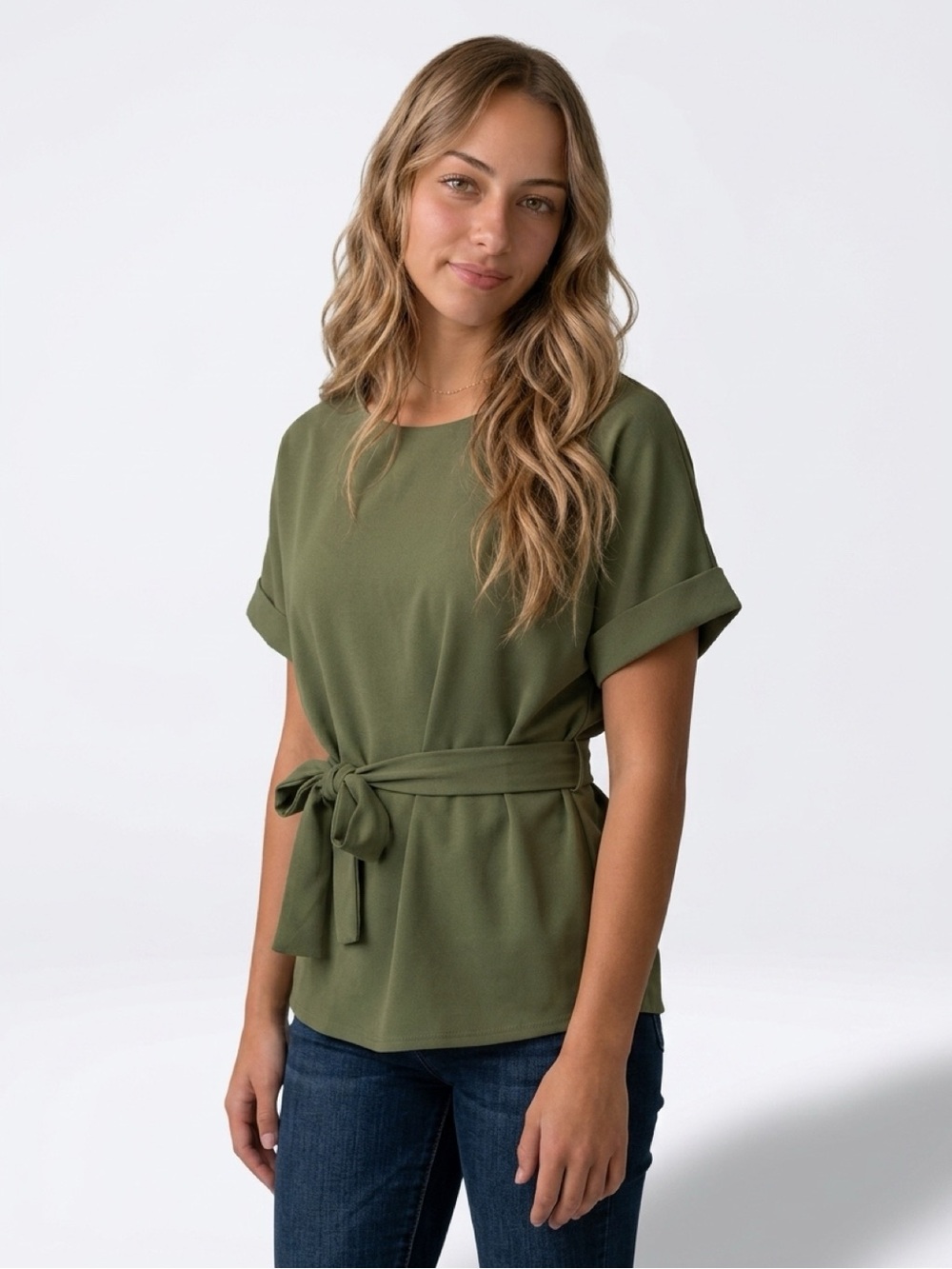 Women’s Army Green / Olive Short-Sleeve Tie-Waist Womens Top- Large